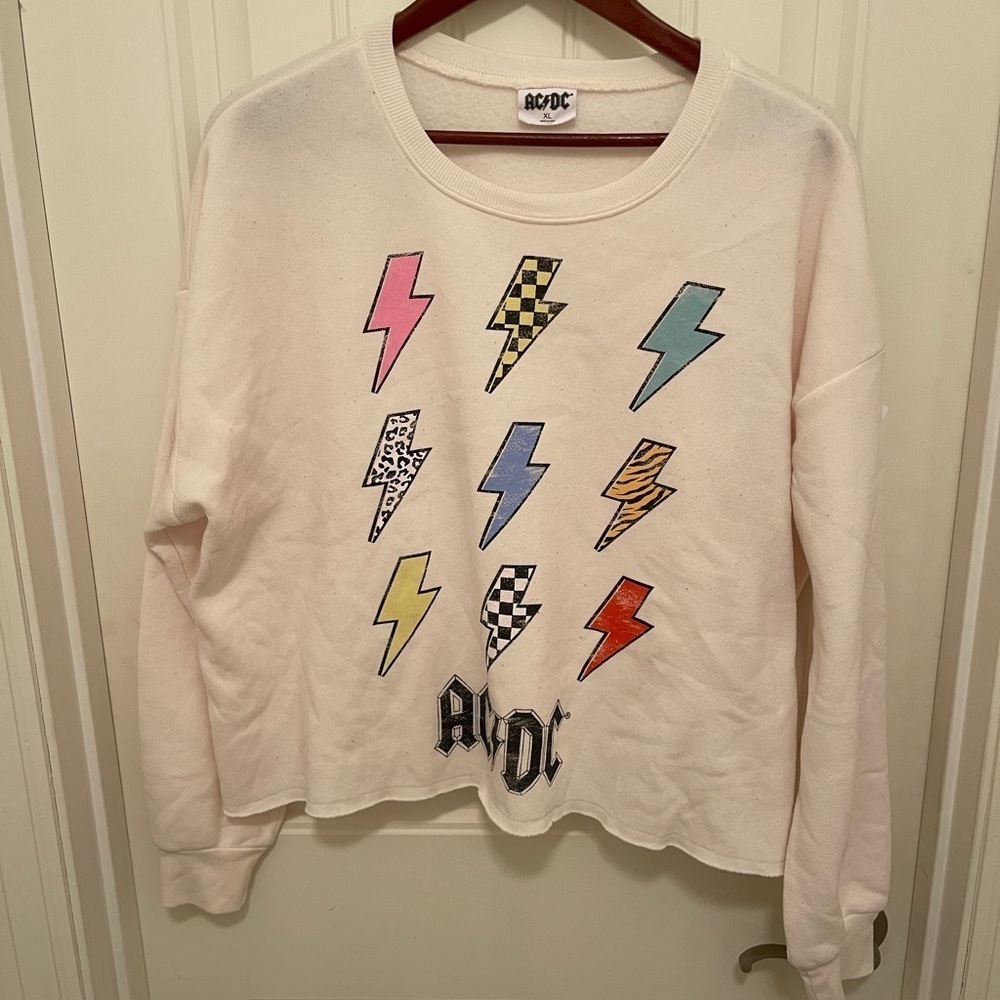 AC/DC Cropped Grayson Threads‎ Crewneck Sweatshirt XL Rolled hem lightning bolts